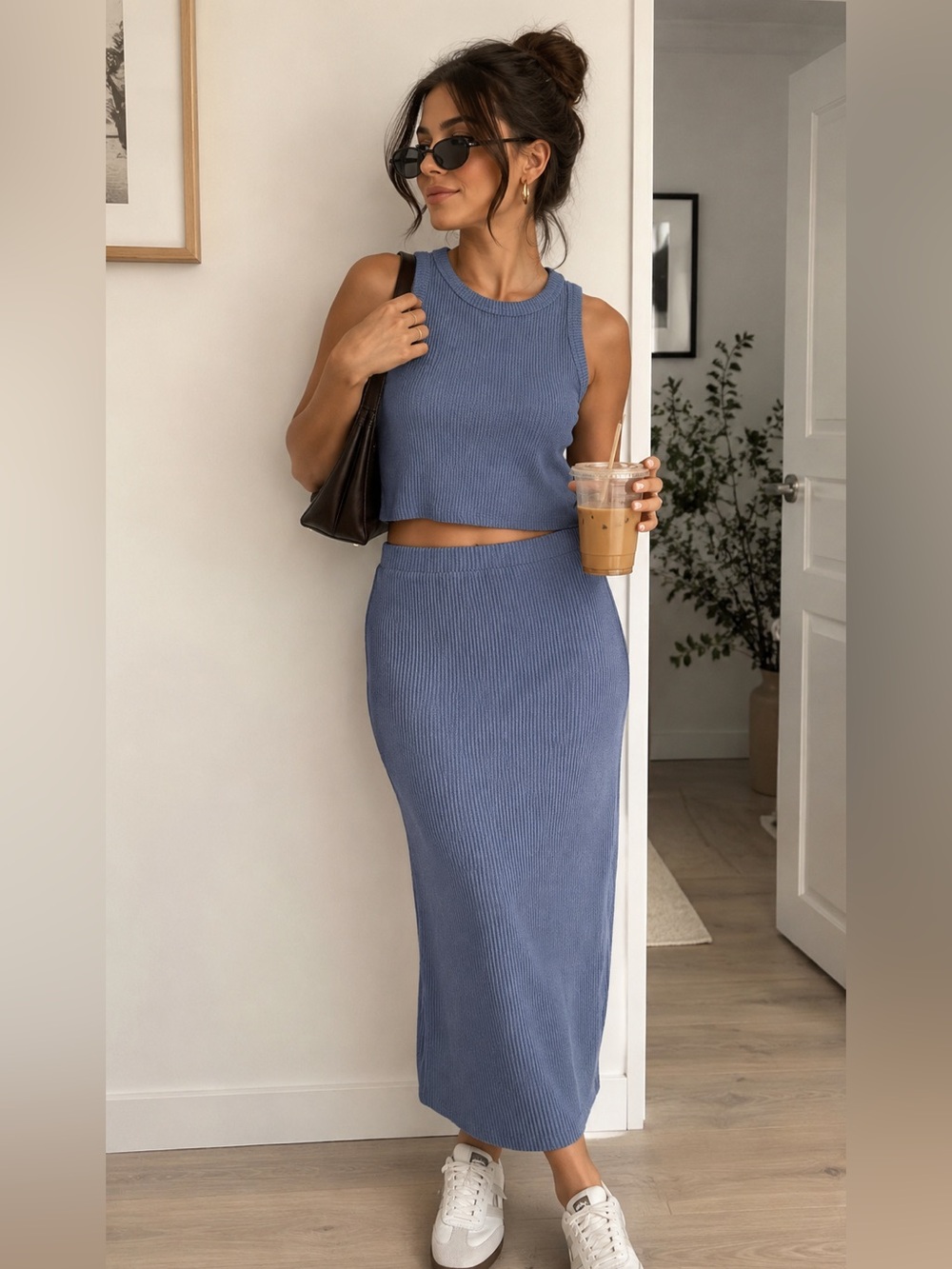 Saints Blue Ribbed Knit Two Piece Set Cropped Tank & Midi Skirt. XL